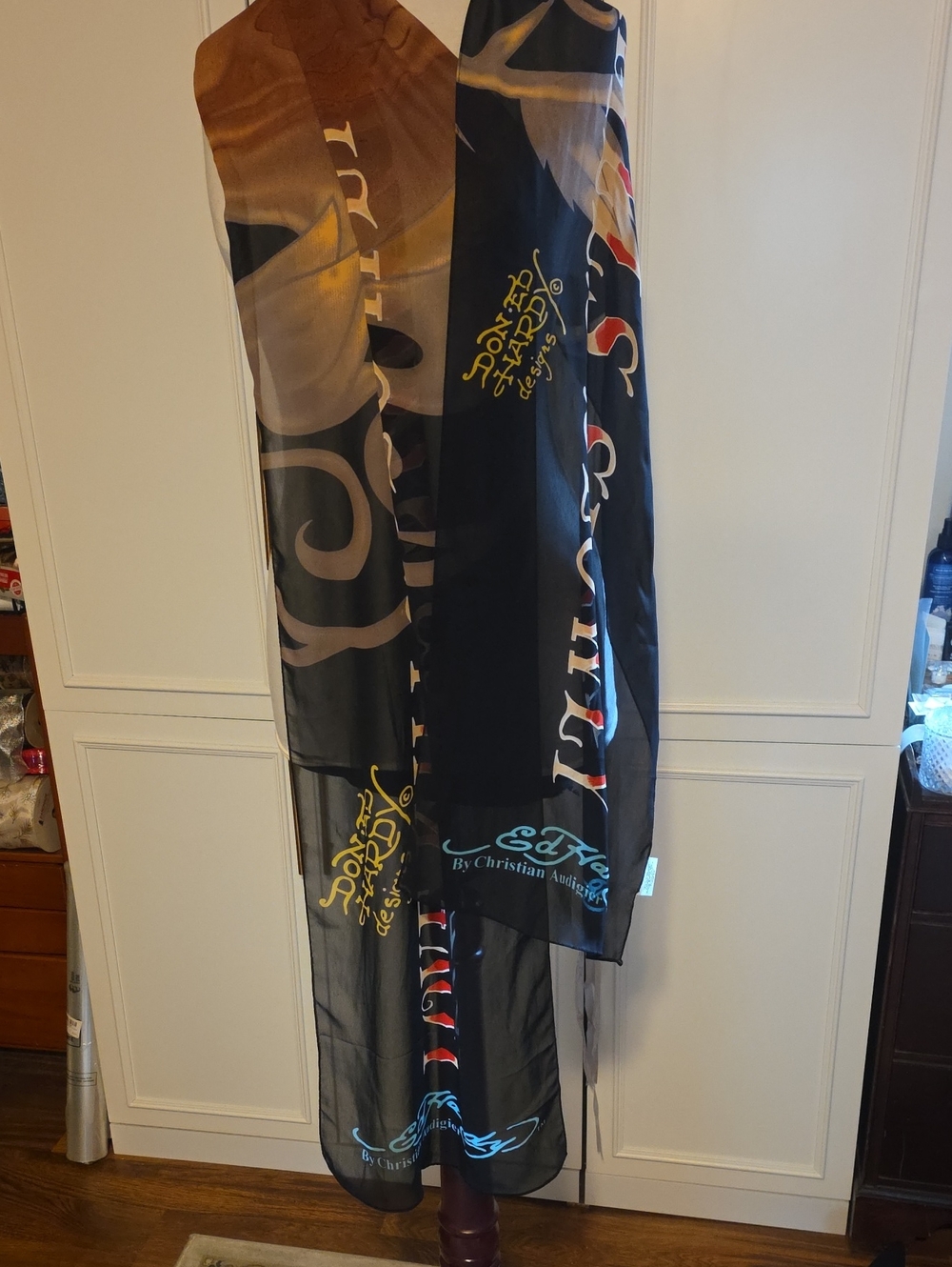 Ed Hardy Black Scarf with Multicolor Graphic Print